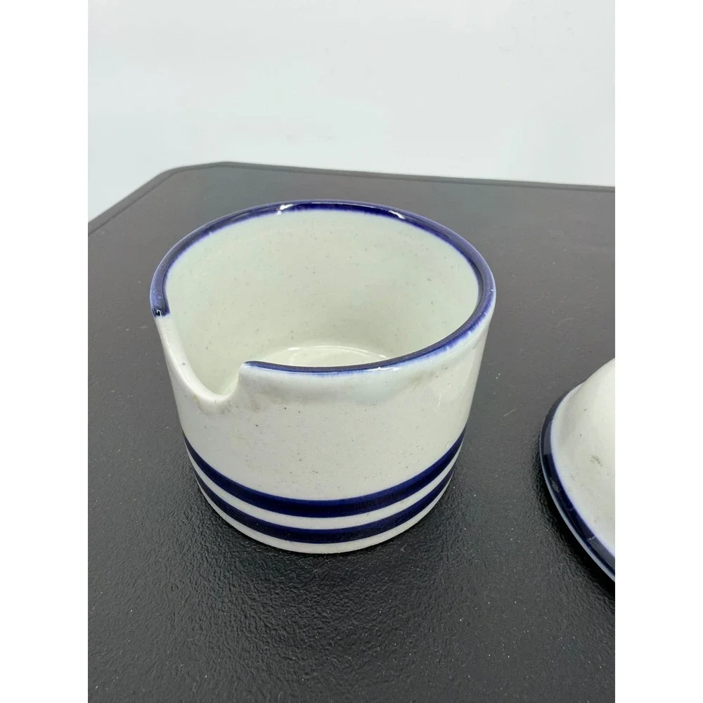 Dansk International Designs Blue Striped Stoneware Jam Honey Pot Lid Japan MCM